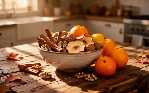 Eine rustikale Holzküche mit herbstlichen Zutaten wie Zimt, Äpfeln, Walnüssen und Zitrusfrüchten in einer Keramikschale. - Foto: über boerse-global.de