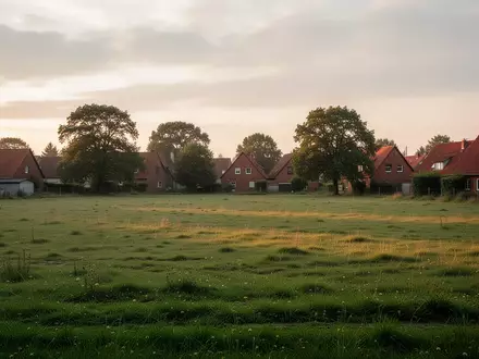 Eine weitläufige, unbebaute Grünfläche am Rande einer Ortschaft mit Blick auf entfernte Dächer bei natürlichem Tageslicht. - Foto: über boerse-global.de