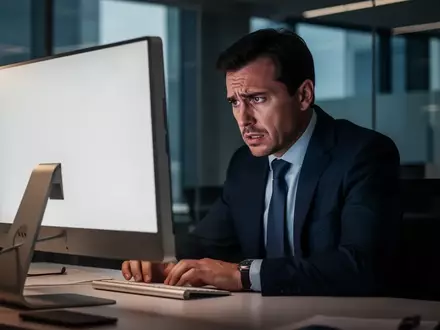 Ein gestresster Investor blickt besorgt auf einen leeren Computerbildschirm in einem modernen Büro. - Foto: über boerse-global.de