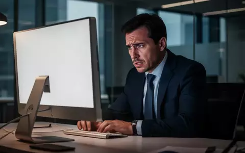 Ein gestresster Investor blickt besorgt auf einen leeren Computerbildschirm in einem modernen Büro. - Foto: über boerse-global.de
