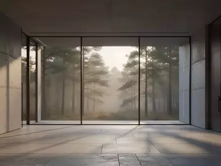 Ein minimalistischer, moderner Innenraum mit Sichtbetonwänden und großen Glasfronten, die den Blick auf einen nebligen Wald freigeben. - Foto: über boerse-global.de