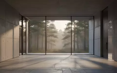 Ein minimalistischer, moderner Innenraum mit Sichtbetonwänden und großen Glasfronten, die den Blick auf einen nebligen Wald freigeben. - Foto: über boerse-global.de