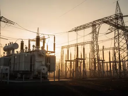 Hochspannungstransformatoren und Strommasten in einem Umspannwerk bei Sonnenaufgang - Foto: über boerse-global.de