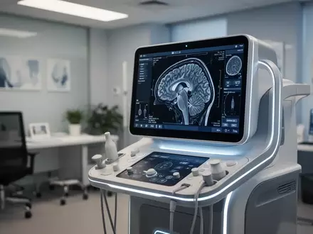 Ein modernes medizinisches Diagnosegerät in einer neurologischen Praxis mit Fokus auf Gehirn-Scan-Technologie. - Foto: über boerse-global.de