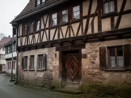 Historische Fassade eines traditionellen Fachwerkhauses in einer ruhigen deutschen Ortschaft bei bewölktem Tageslicht. - Foto: über boerse-global.de