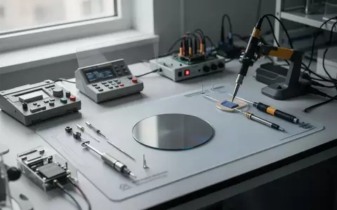 Ein sauberer, minimalistischer Arbeitsplatz in einem Elektroniklabor mit Präzisionswerkzeugen und einem Silizium-Wafer. - Foto: über boerse-global.de