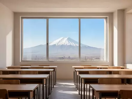 Ein heller, moderner Klassenraum mit Blick auf die armenische Berglandschaft durch große Fenster. - Foto: über boerse-global.de