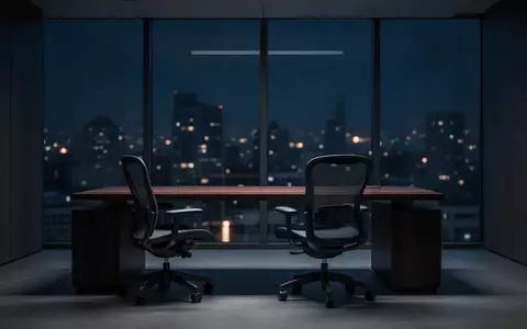 Ein unbesetzter, modern eingerichteter Büroraum bei Nacht mit Blick auf ein dunkles Stadtpanorama. - Foto: über boerse-global.de