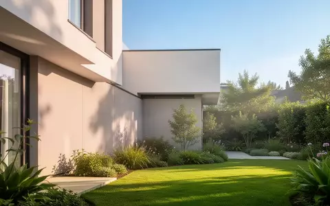 Eine moderne Hausfassade mit einem sonnigen Garten im Hintergrund bei klarem Tageslicht. - Foto: über boerse-global.de