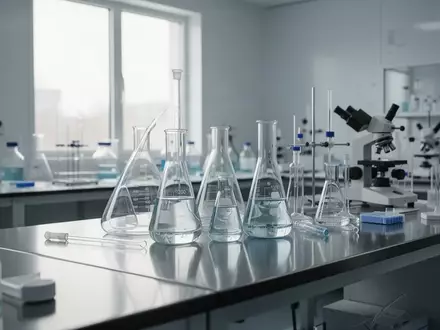 Ein modernes, steriles pharmazeutisches Labor mit wissenschaftlichen Glasgeräten auf einem Edelstahltisch. - Foto: über boerse-global.de