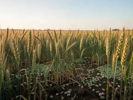 Weizenfeld und Eiweißpflanzen auf einem landwirtschaftlichen Betrieb bei natürlichem Tageslicht. - Foto: über boerse-global.de