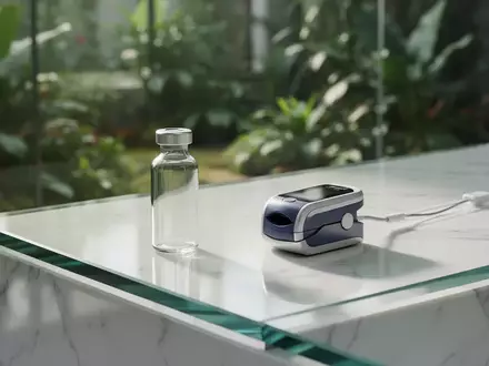 Ein steriles Glasfläschchen und ein medizinischer Sensor auf einer weißen Marmoroberfläche vor einem verschwommenen Hintergrund. - Foto: über boerse-global.de