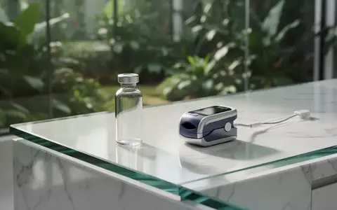 Ein steriles Glasfläschchen und ein medizinischer Sensor auf einer weißen Marmoroberfläche vor einem verschwommenen Hintergrund. - Foto: über boerse-global.de