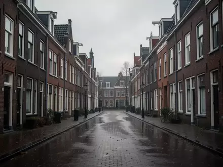 Eine leere, ruhige Wohnstraße in einer niederländischen Stadt mit Backsteinhäusern bei bewölktem Wetter. - Foto: über boerse-global.de