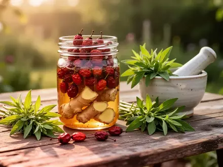 Ein hölzerner Tisch mit Kräutern, Hagebutten und einem Glas mit Honig-Auszug in einer sonnigen Gartenumgebung. - Foto: über boerse-global.de