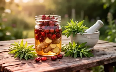 Ein hölzerner Tisch mit Kräutern, Hagebutten und einem Glas mit Honig-Auszug in einer sonnigen Gartenumgebung. - Foto: über boerse-global.de