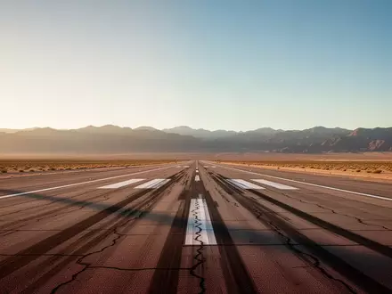Eine leere, weitläufige Landebahn in einer Wüstenlandschaft bei Sonnenuntergang. - Foto: über boerse-global.de