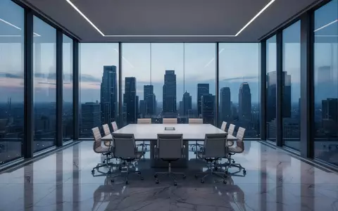 Ein minimalistischer, leerer Konferenzraum in einem modernen Hochhaus bei Dämmerung mit kühler Beleuchtung. - Foto: über boerse-global.de