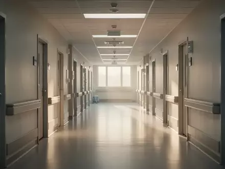 Ein leerer, hell beleuchteter Krankenhausflur mit minimalistischer Architektur und natürlichem Tageslicht. - Foto: über boerse-global.de