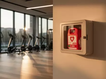 Ein moderner, heller Fitnessraum am späten Nachmittag mit einem an der Wand montierten Defibrillatorschrank. - Foto: über boerse-global.de