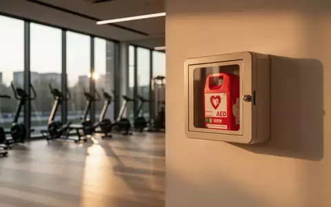 Ein moderner, heller Fitnessraum am späten Nachmittag mit einem an der Wand montierten Defibrillatorschrank. - Foto: über boerse-global.de