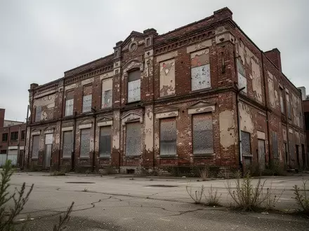Ein verfallendes historisches Backsteingebäude in einem Industriegebiet unter grauem Himmel. - Foto: über boerse-global.de