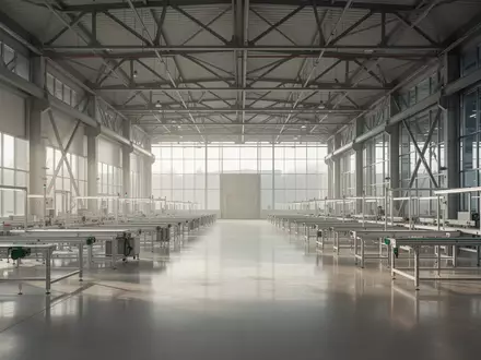 Innenansicht einer modernen, hellen Industriehalle mit hohen Decken und poliertem Betonboden ohne sichtbare Maschinen. - Foto: über boerse-global.de