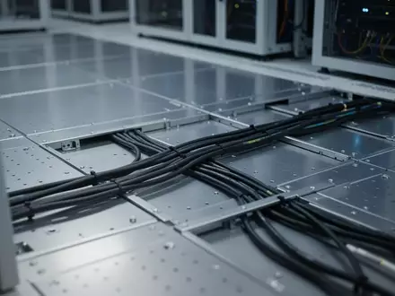 Ein Blick auf den strukturierten, technischen Boden eines Serverraums mit ordentlich verlegten Kabeln unter Metallplatten. - Foto: über boerse-global.de