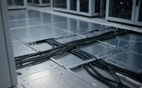 Ein Blick auf den strukturierten, technischen Boden eines Serverraums mit ordentlich verlegten Kabeln unter Metallplatten. - Foto: über boerse-global.de