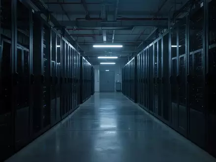 Dunkler, moderner Serverraum mit Reihen von dunklen Serverschränken in einer sterilen Umgebung bei blauem Licht. - Foto: über boerse-global.de