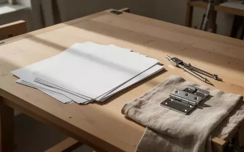 Ein minimalistischer Design-Arbeitsplatz mit leerem A5-Papier, einem Zirkel und einem metallischen Scharnier auf einem Holztisch. - Foto: über boerse-global.de