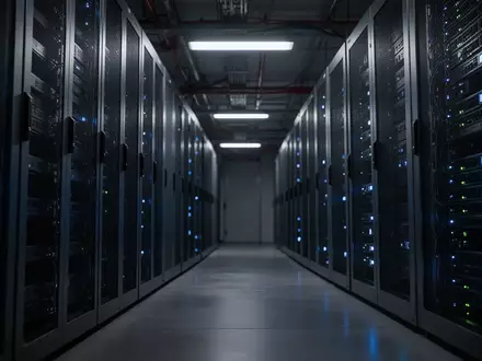 Dunkler Serverraum mit leuchtenden blauen Statusanzeigen an Metallschränken in einer modernen IT-Infrastruktur. - Foto: über boerse-global.de