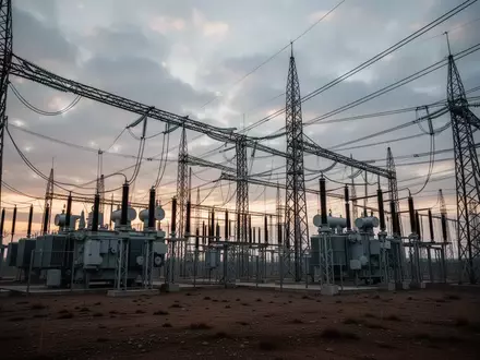 Hochspannungs-Umspannwerk mit Strommasten und Transformatoren in einer weiten Landschaft bei Dämmerung. - Foto: über boerse-global.de