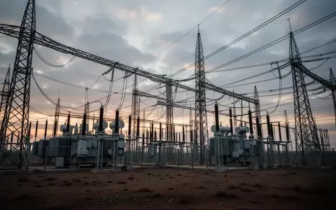 Hochspannungs-Umspannwerk mit Strommasten und Transformatoren in einer weiten Landschaft bei Dämmerung. - Foto: über boerse-global.de