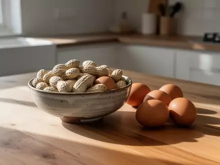 Eine Schale mit rohen Erdnüssen und Hühnereiern auf einem Holztisch in einer hellen Küche. - Foto: über boerse-global.de