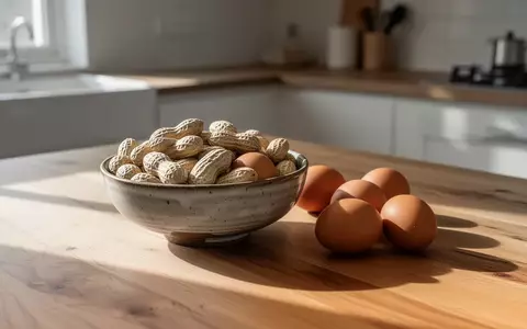 Eine Schale mit rohen Erdnüssen und Hühnereiern auf einem Holztisch in einer hellen Küche. - Foto: über boerse-global.de