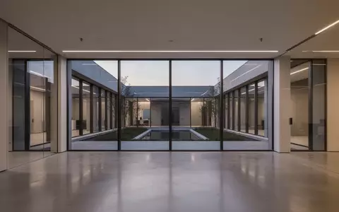 Ein minimalistisch gestalteter, leerer Büroraum mit großen Glasfronten und Blick in einen ruhigen Innenhof bei Dämmerung. - Foto: über boerse-global.de