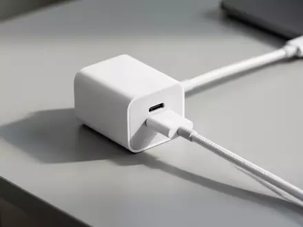 Ein weißes USB-C-Netzteil mit angeschlossenem Ladekabel auf einer hellen, minimalistischen Schreibtischoberfläche. - Foto: über boerse-global.de
