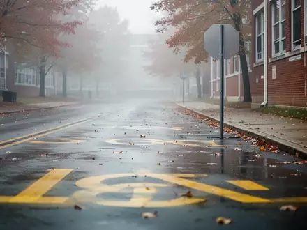 Leere Straße vor einer Schule bei trübem Herbstwetter mit erkennbaren Bodenmarkierungen und einer Backsteinmauer. - Foto: über boerse-global.de