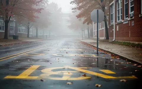 Leere Straße vor einer Schule bei trübem Herbstwetter mit erkennbaren Bodenmarkierungen und einer Backsteinmauer. - Foto: über boerse-global.de