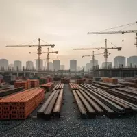Eine weitläufige Baustelle im Morgengrauen mit aufgeschichteten Baumaterialien und Kränen vor einem städtischen Horizont. - Foto: über boerse-global.de