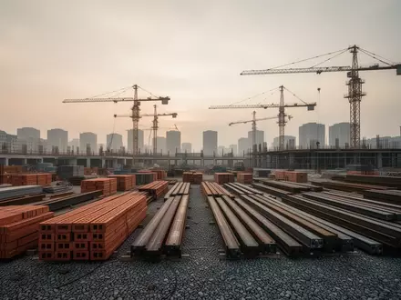 Eine weitläufige Baustelle im Morgengrauen mit aufgeschichteten Baumaterialien und Kränen vor einem städtischen Horizont. - Foto: über boerse-global.de