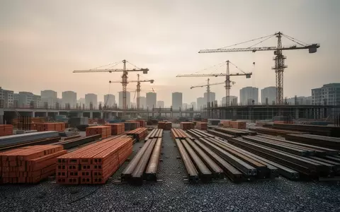 Eine weitläufige Baustelle im Morgengrauen mit aufgeschichteten Baumaterialien und Kränen vor einem städtischen Horizont. - Foto: über boerse-global.de