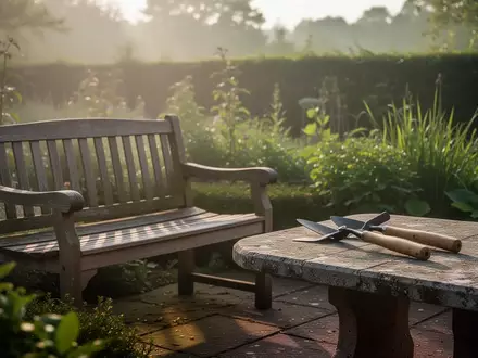 Ein sonniger, friedlicher Garten mit einer Holzbank und Gartengeräten auf einem Steintisch als Symbol für Ruhe und Beschäftigung im Alter. - Foto: über boerse-global.de