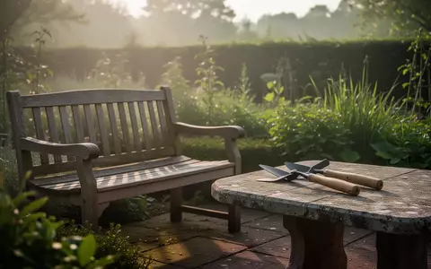 Ein sonniger, friedlicher Garten mit einer Holzbank und Gartengeräten auf einem Steintisch als Symbol für Ruhe und Beschäftigung im Alter. - Foto: über boerse-global.de