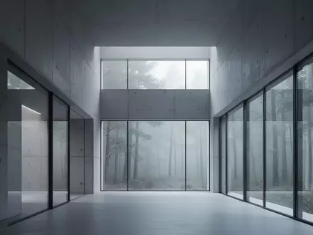 Ein minimalistischer, moderner Korridor mit Sichtbetonwänden und großen Glasfronten, die den Blick auf einen nebligen Wald freigeben. - Foto: über boerse-global.de