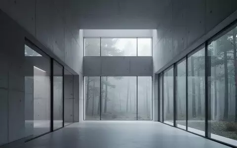 Ein minimalistischer, moderner Korridor mit Sichtbetonwänden und großen Glasfronten, die den Blick auf einen nebligen Wald freigeben. - Foto: über boerse-global.de