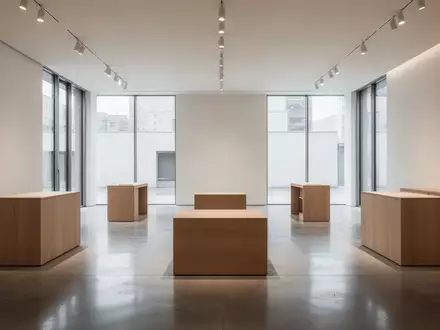 Ein minimalistischer, heller Verkaufsraum mit leeren Präsentationssockeln in einer architektonisch gestalteten Umgebung. - Foto: über boerse-global.de