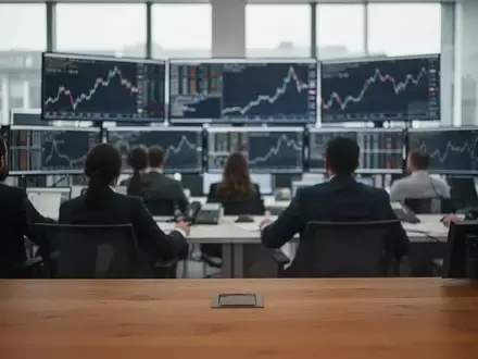 Blick auf einen modernen Frankfurter Handelsraum mit Finanzexperten vor unscharfen Monitoren. - Foto: über boerse-global.de