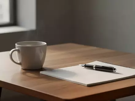 Ein minimalistischer, moderner Arbeitsplatz mit einem leeren Notizbuch und einer Kaffeetasse in natürlichem Licht. - Foto: über boerse-global.de